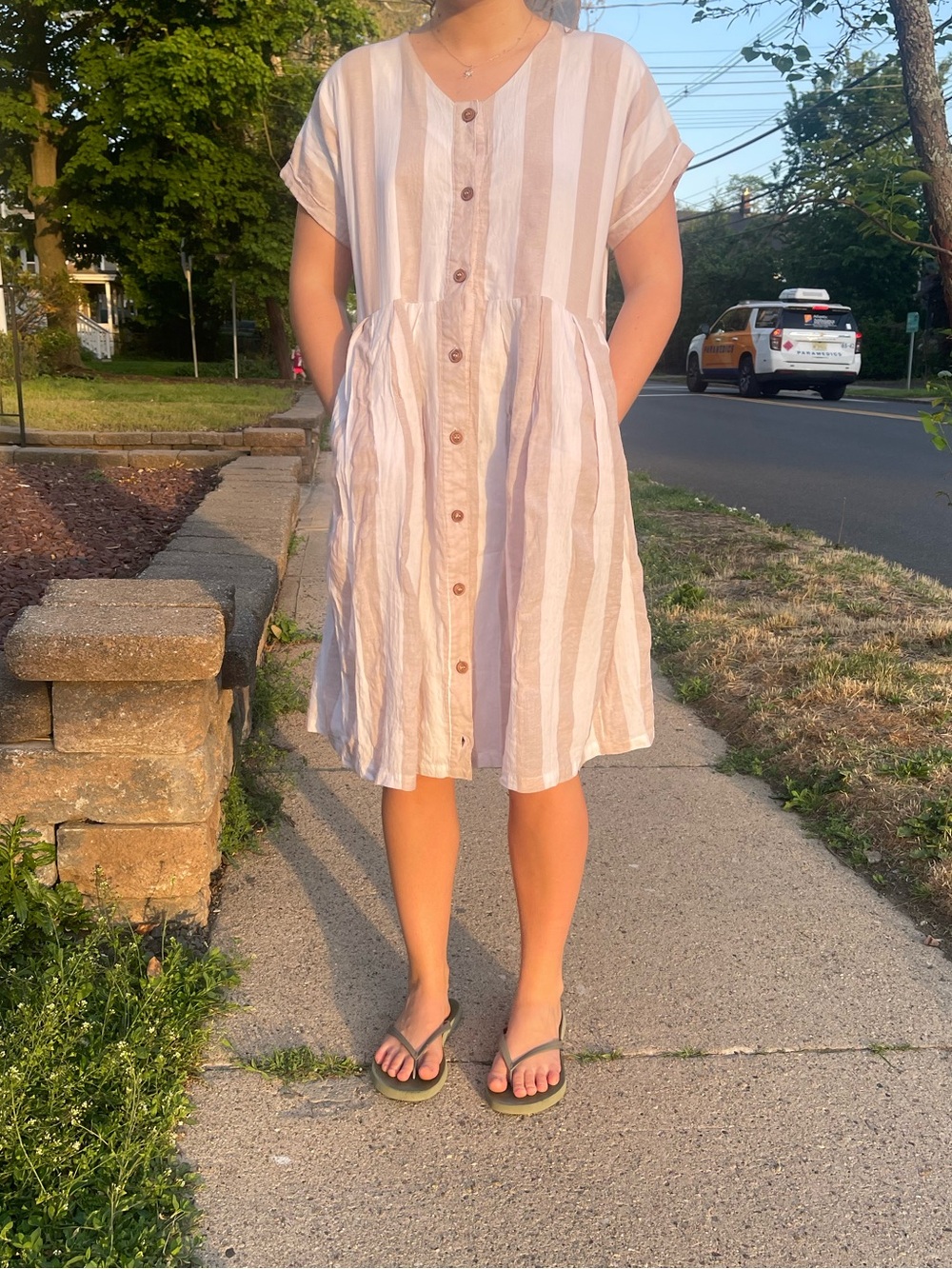 Striped Button-Front Summer Dress in Beige and White